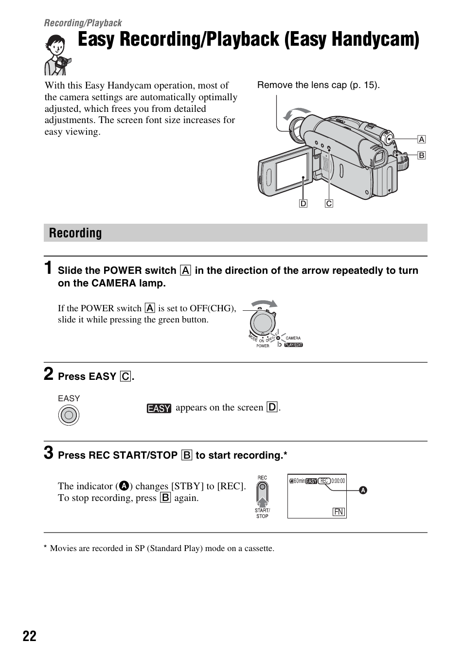 Recording/playback, Easy recording/playback (easy handycam), Recording | Playback | Sony DCR-HC28 User Manual | Page 22 / 92