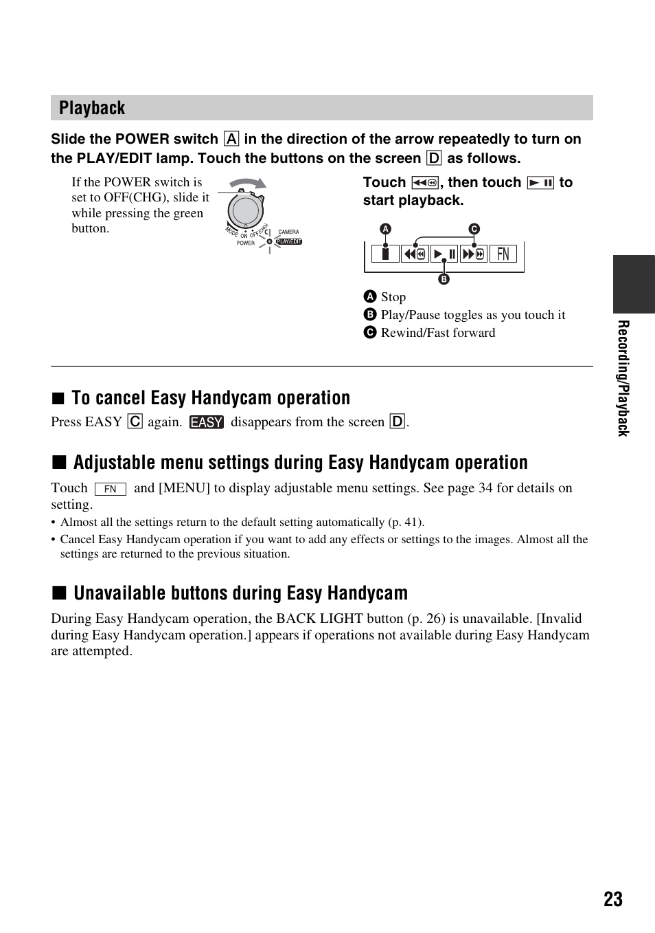 Xunavailable buttons during easy handycam, Playback | Sony DCR-HC28 User Manual | Page 23 / 92