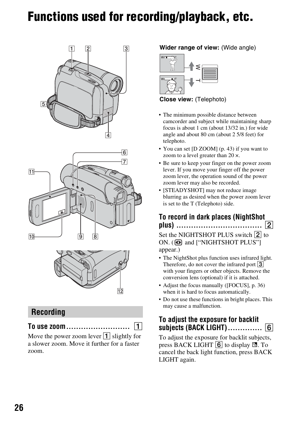 Functions used for recording/playback, etc, Recording, To use zoom | To record in dark places (nightshot plus) | Sony DCR-HC28 User Manual | Page 26 / 92