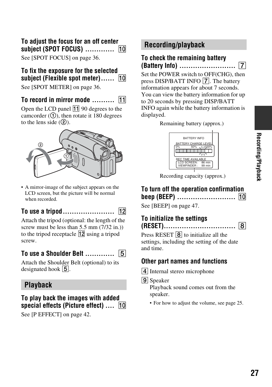 To record in mirror mode, To use a tripod, To use a shoulder belt | Playback, Recording/playback, To check the remaining battery (battery info), To turn off the operation confirmation beep (beep), To initialize the settings (reset), Other part names and functions | Sony DCR-HC28 User Manual | Page 27 / 92