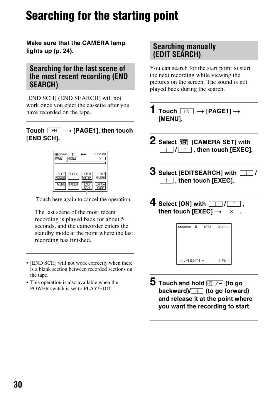 Searching for the starting point, Searching manually (edit search), End search) | Sony DCR-HC28 User Manual | Page 30 / 92