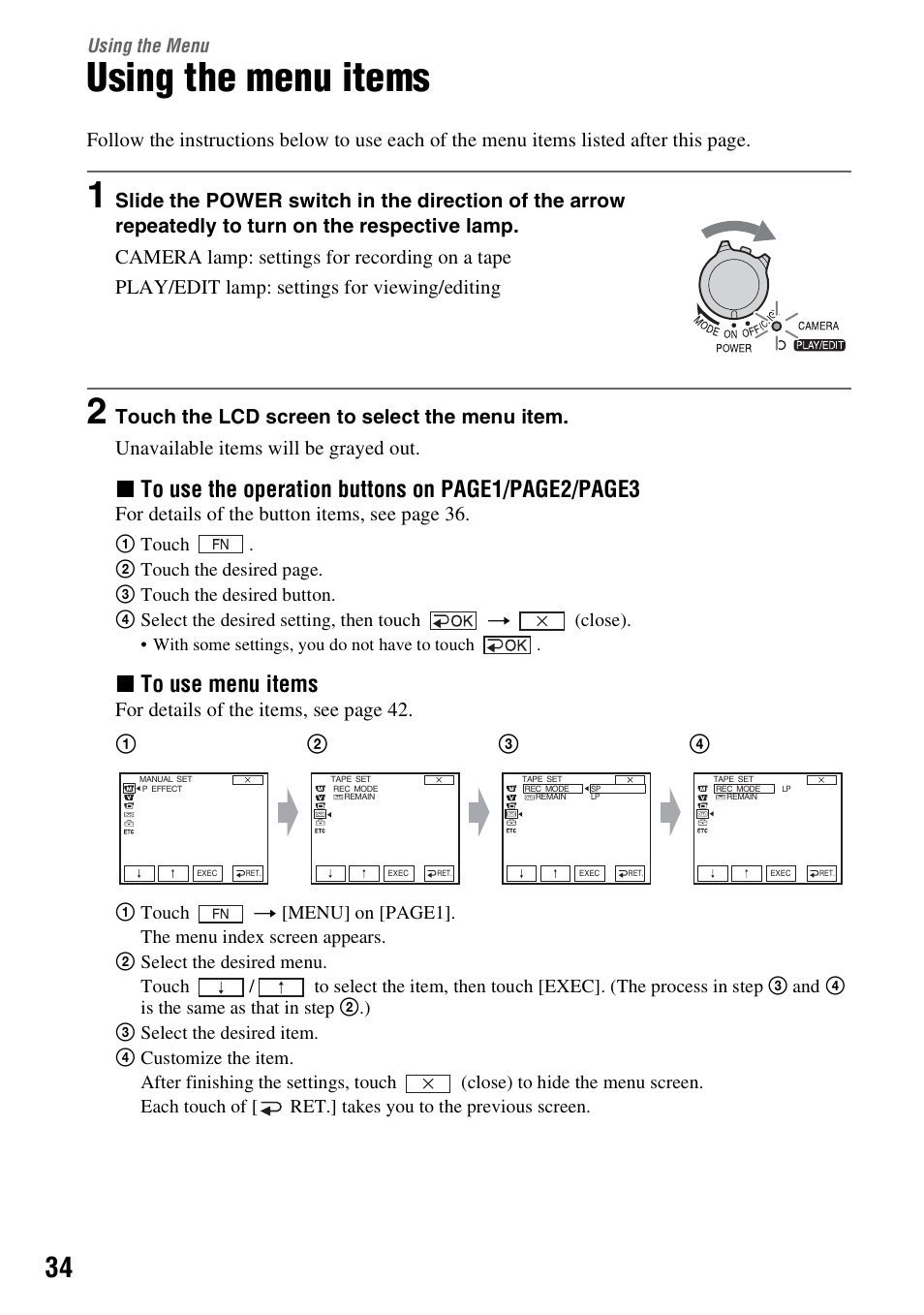 Using the menu, Using the menu items, Ngs (p. 34) usi | Nu) (p. 34, Xto use the operation buttons on page1/page2/page3, Xto use menu items | Sony DCR-HC28 User Manual | Page 34 / 92