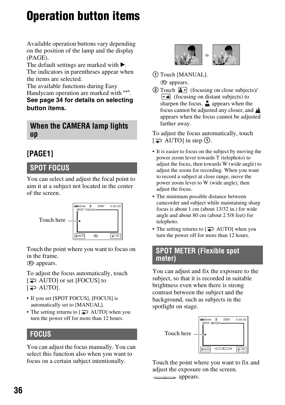 Operation button items, Page1, When the camera lamp lights up | Spot focus focus, Spot meter (flexible spot meter) | Sony DCR-HC28 User Manual | Page 36 / 92
