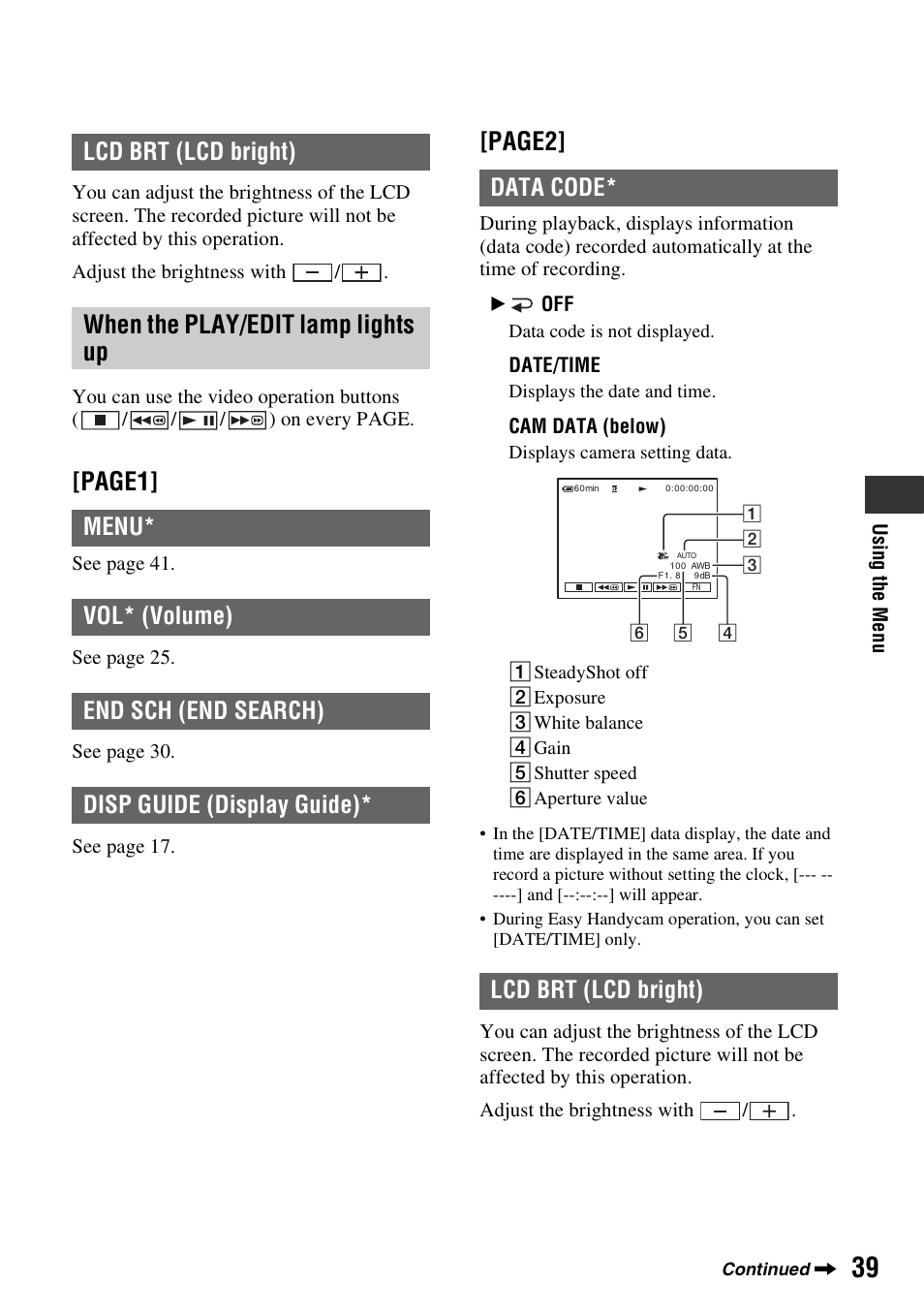 P. 39), Page1, Page2 | When the play/edit lamp lights up, Lcd brt (lcd bright) | Sony DCR-HC28 User Manual | Page 39 / 92
