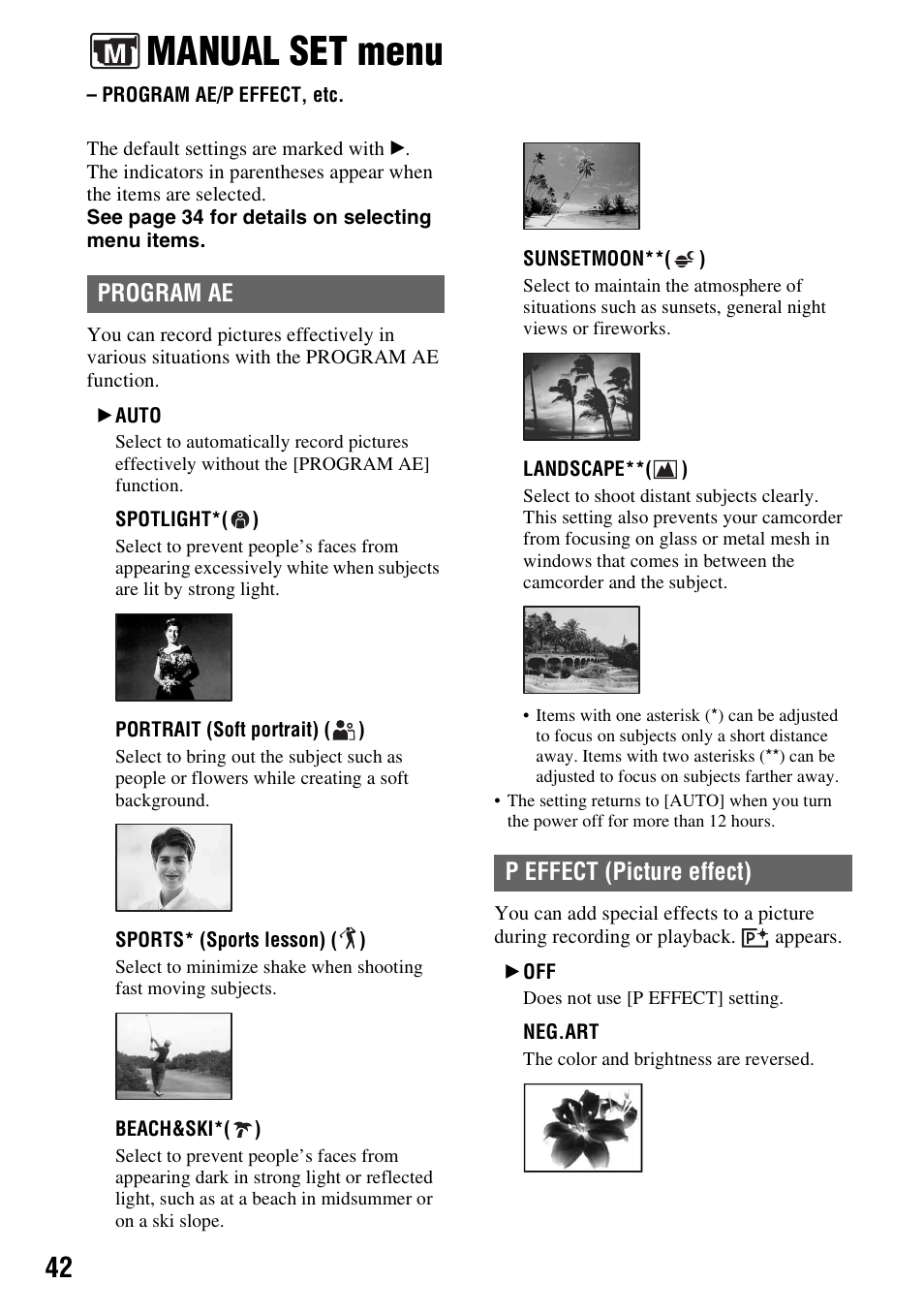 Manual set menu, Program ae/p effect, etc, P. 42) | Program ae, P effect (picture effect) | Sony DCR-HC28 User Manual | Page 42 / 92