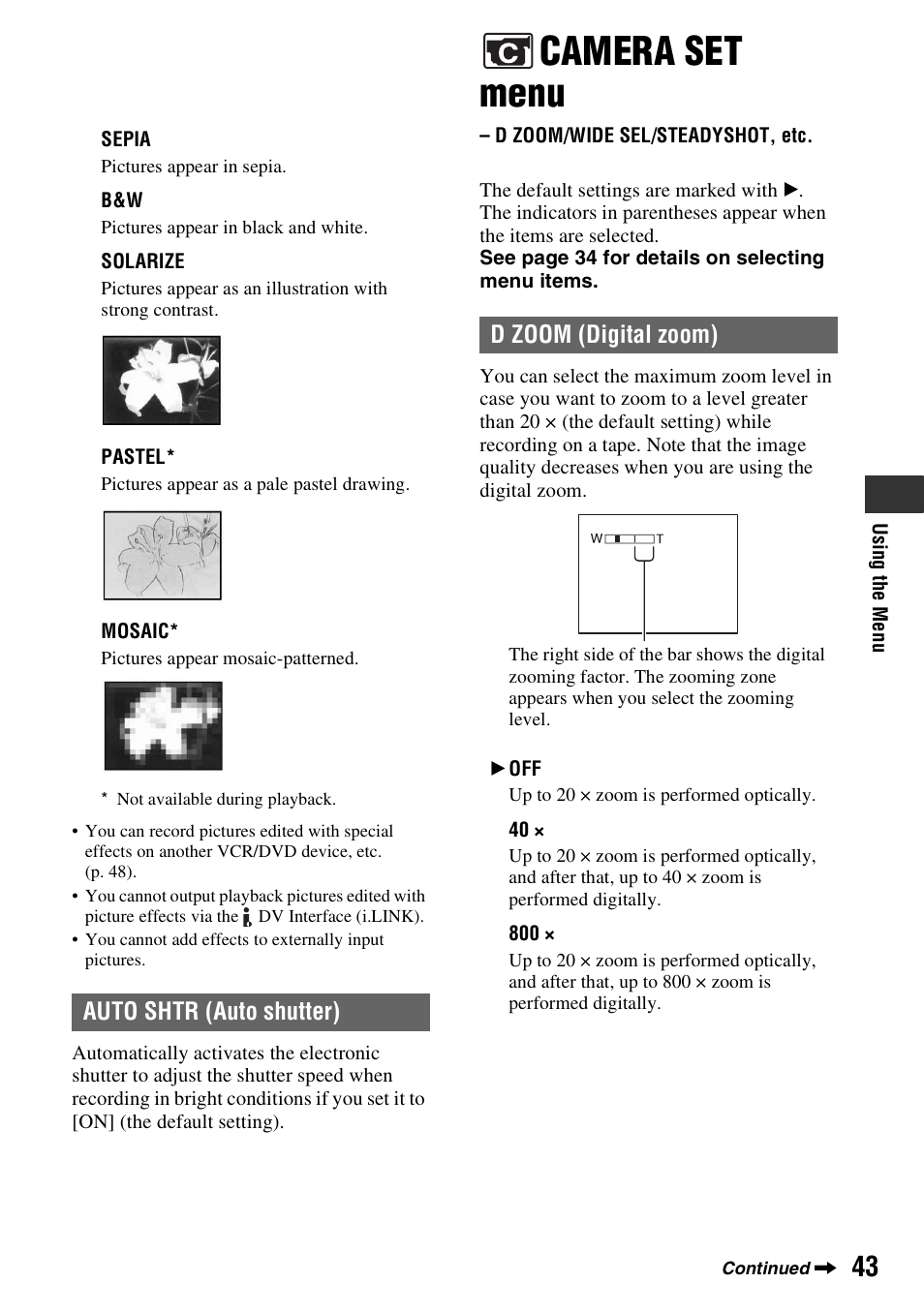Camera set menu, D zoom/wide sel/steadyshot, etc, P. 43) | Sony DCR-HC28 User Manual | Page 43 / 92