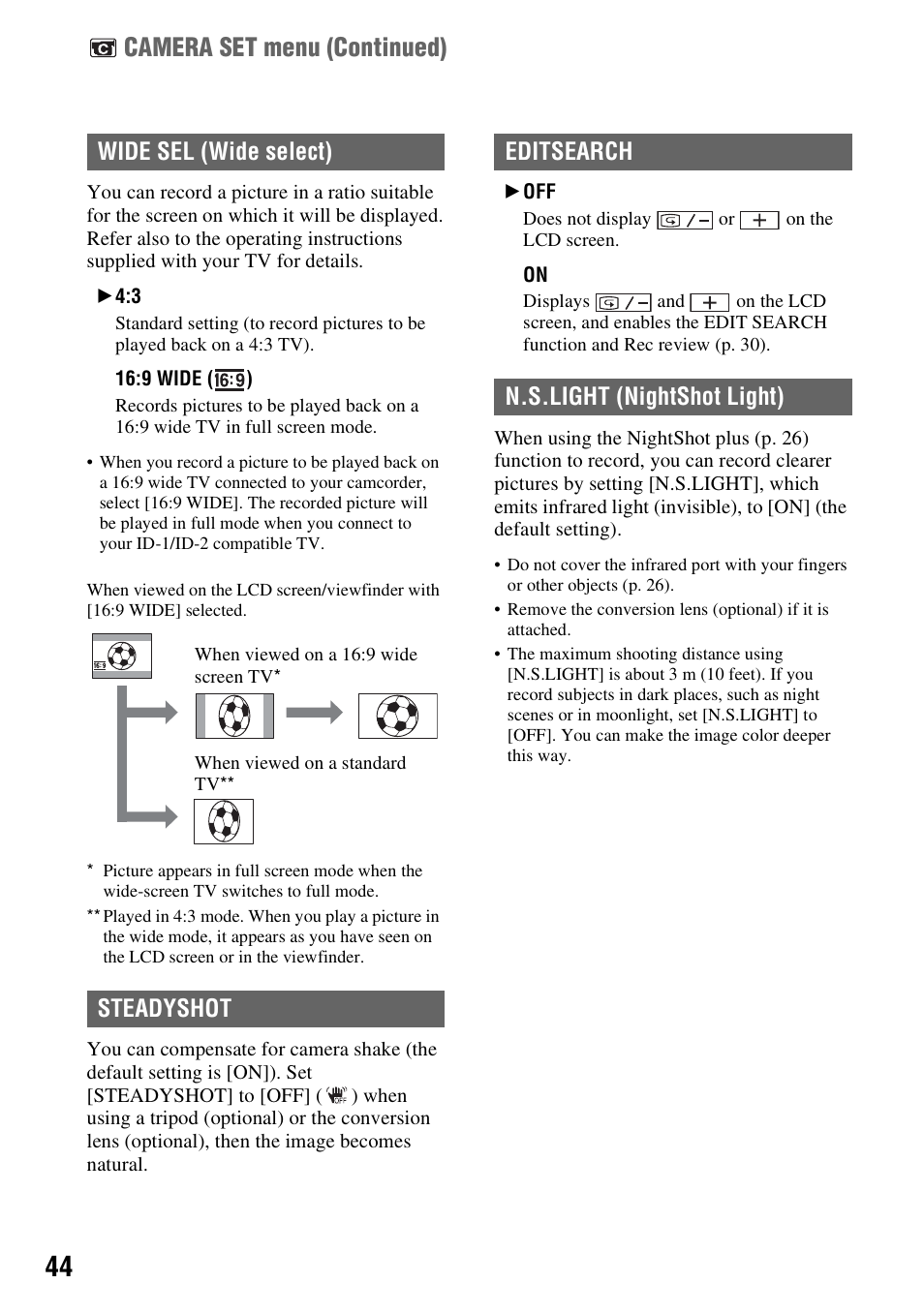 Camera set menu (continued), Wide sel (wide select), Steadyshot | Editsearch n.s.light (nightshot light) | Sony DCR-HC28 User Manual | Page 44 / 92