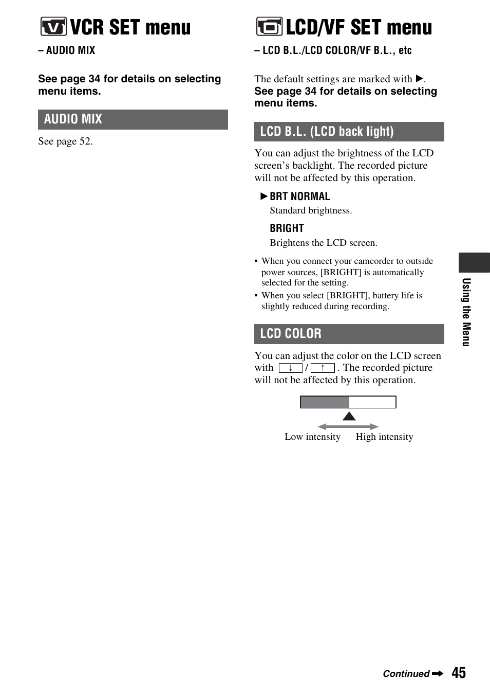 Vcr set menu, Audio mix, Lcd/vf set menu | Lcd b.l./lcd color/vf b.l., etc, P. 45), P. 45 | Sony DCR-HC28 User Manual | Page 45 / 92
