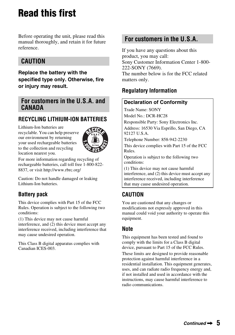 Read this first | Sony DCR-HC28 User Manual | Page 5 / 92