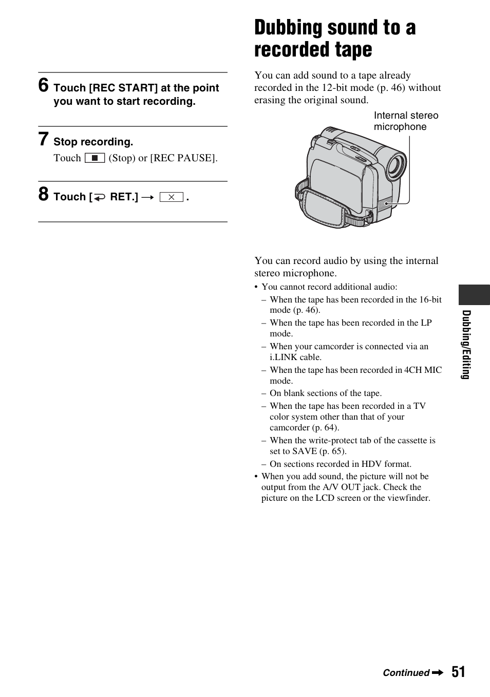 Dubbing sound to a recorded tape | Sony DCR-HC28 User Manual | Page 51 / 92