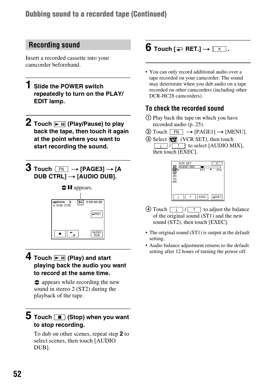 Recording sound, Dubbing sound to a recorded tape (continued) | Sony DCR-HC28 User Manual | Page 52 / 92