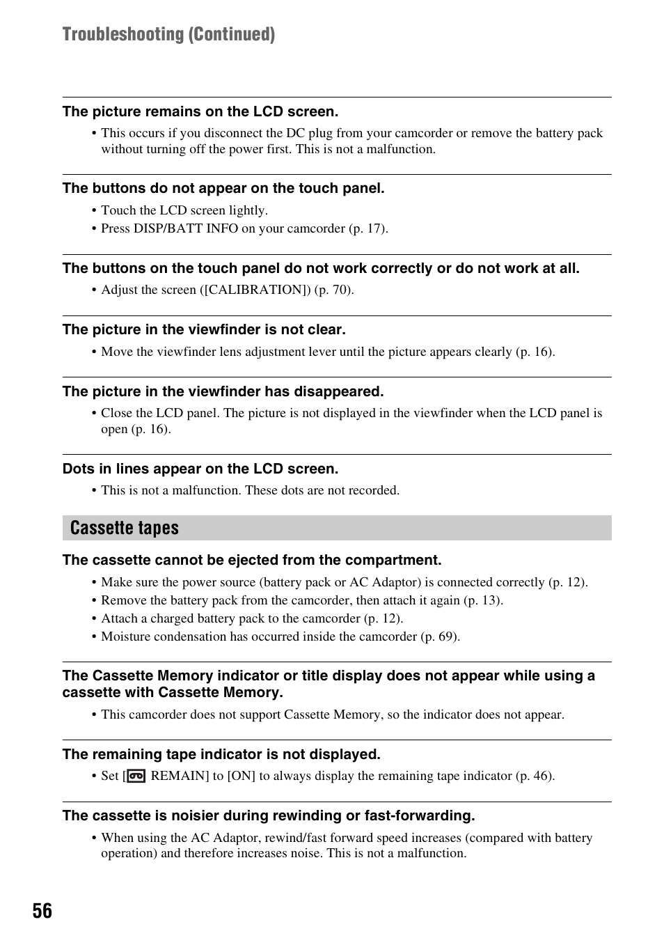 Cassette tapes troubleshooting (continued) | Sony DCR-HC28 User Manual | Page 56 / 92