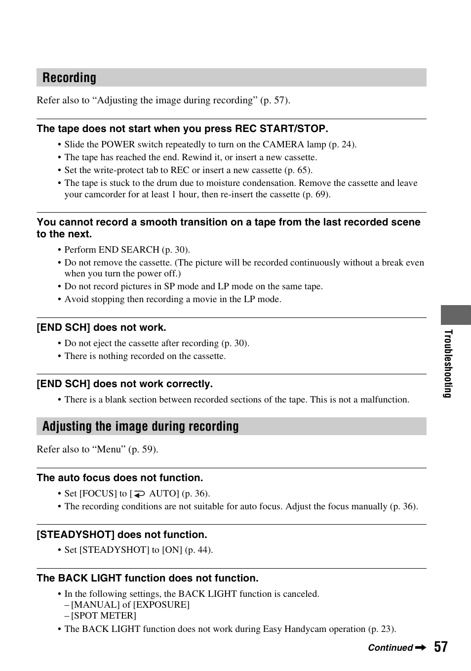 Recording adjusting the image during recording | Sony DCR-HC28 User Manual | Page 57 / 92