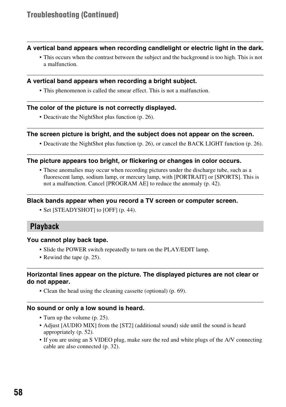 Playback troubleshooting (continued) | Sony DCR-HC28 User Manual | Page 58 / 92