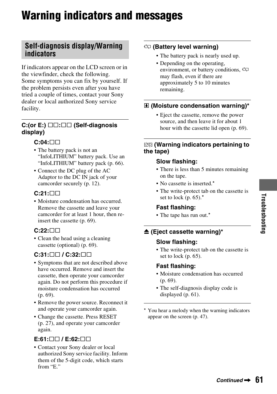 Warning indicators and messages, P. 61), Self-diagnosis display/warning indicators | Sony DCR-HC28 User Manual | Page 61 / 92