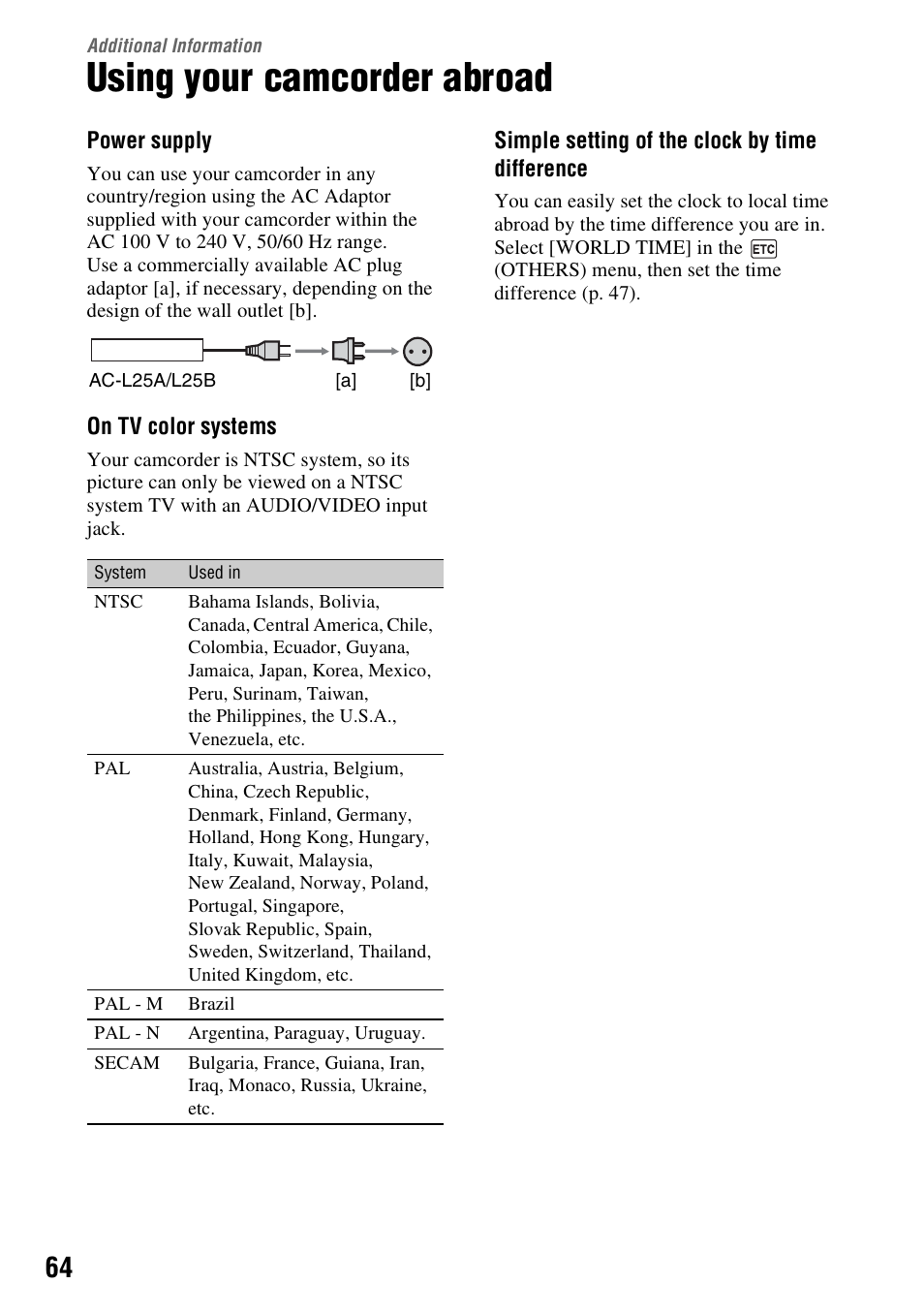 Additional information, Using your camcorder abroad, P. 64) | Sony DCR-HC28 User Manual | Page 64 / 92