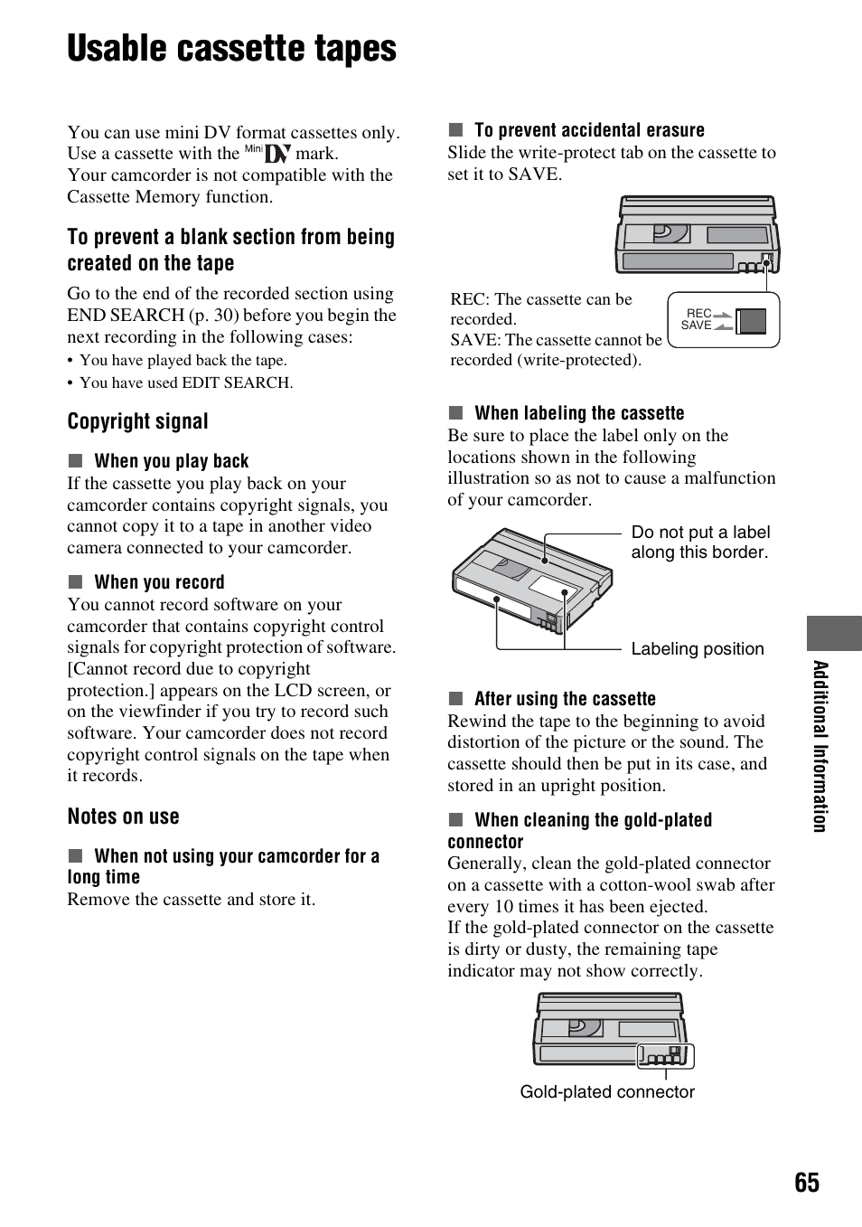 Usable cassette tapes, P. 65), P. 65 | Sony DCR-HC28 User Manual | Page 65 / 92
