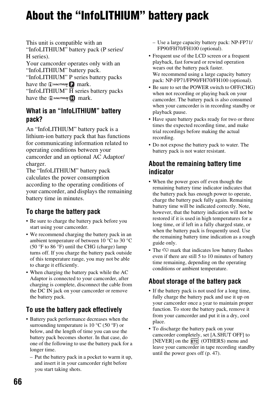 About the “infolithium” battery pack, P. 66) | Sony DCR-HC28 User Manual | Page 66 / 92