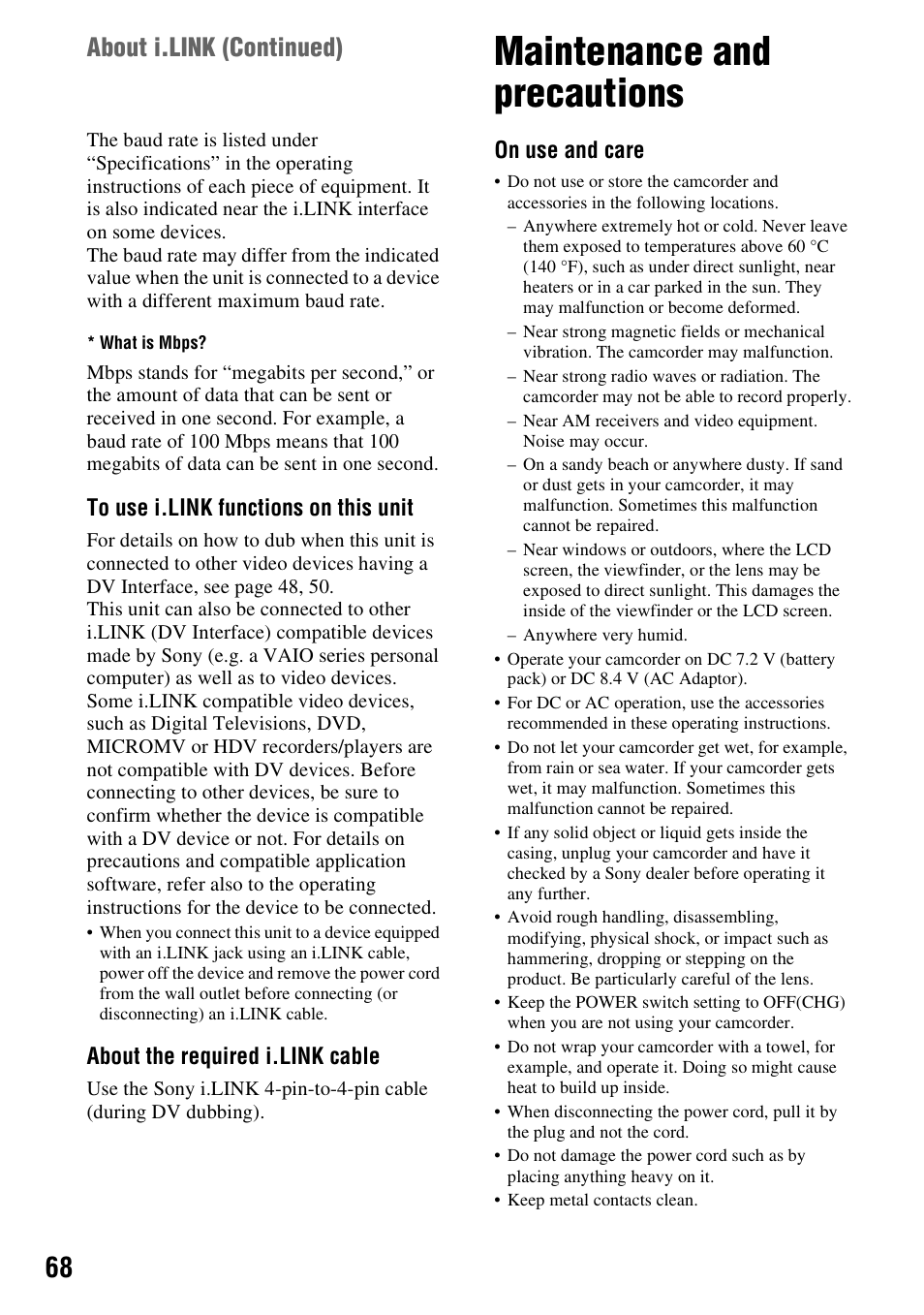 Maintenance and precautions, About i.link (continued), About the required i.link cable | On use and care | Sony DCR-HC28 User Manual | Page 68 / 92