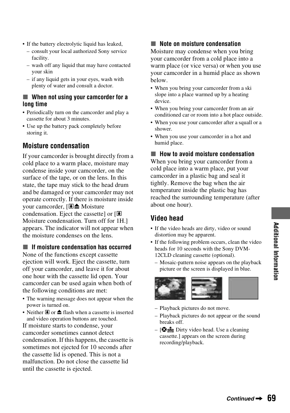 P. 69), E (p. 69), P. 69 | Moisture condensation, Video head | Sony DCR-HC28 User Manual | Page 69 / 92