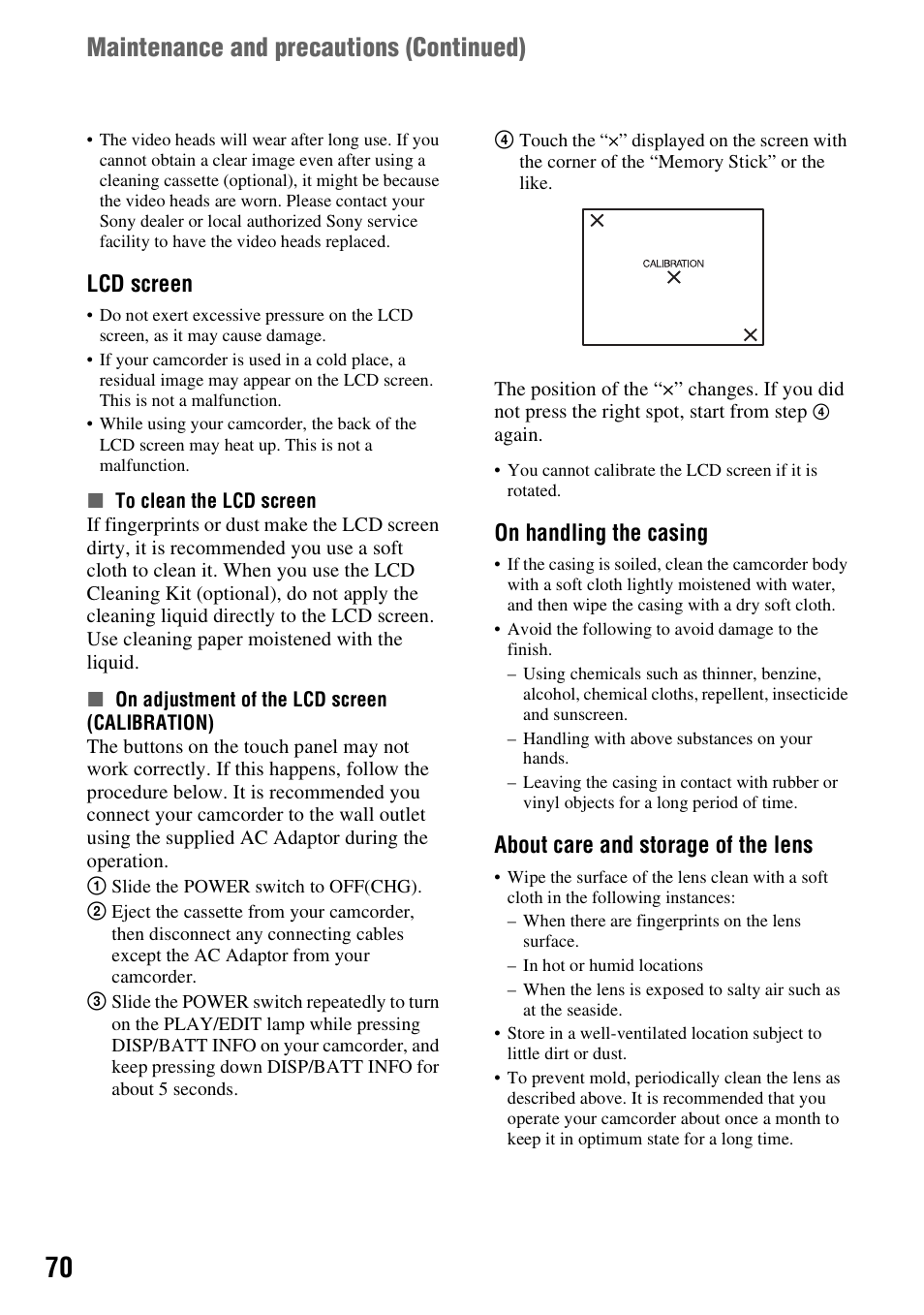 P. 70), P. 70, Maintenance and precautions (continued) | Lcd screen, On handling the casing, About care and storage of the lens | Sony DCR-HC28 User Manual | Page 70 / 92