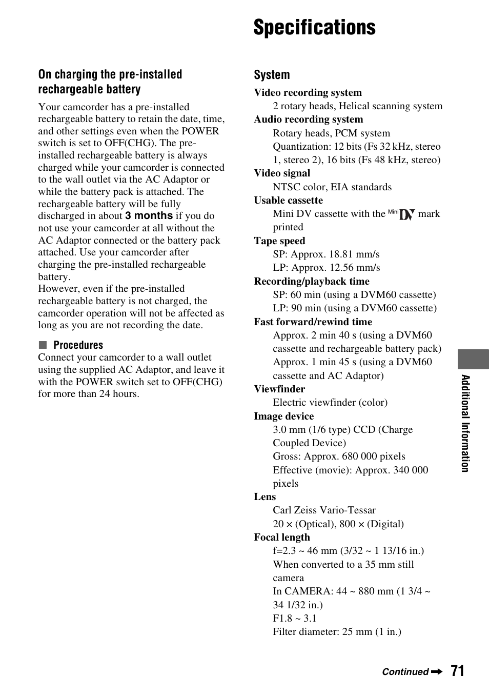 Specifications | Sony DCR-HC28 User Manual | Page 71 / 92