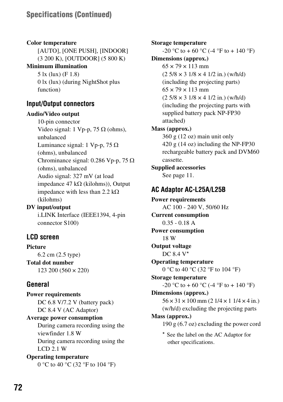 Specifications (continued) | Sony DCR-HC28 User Manual | Page 72 / 92