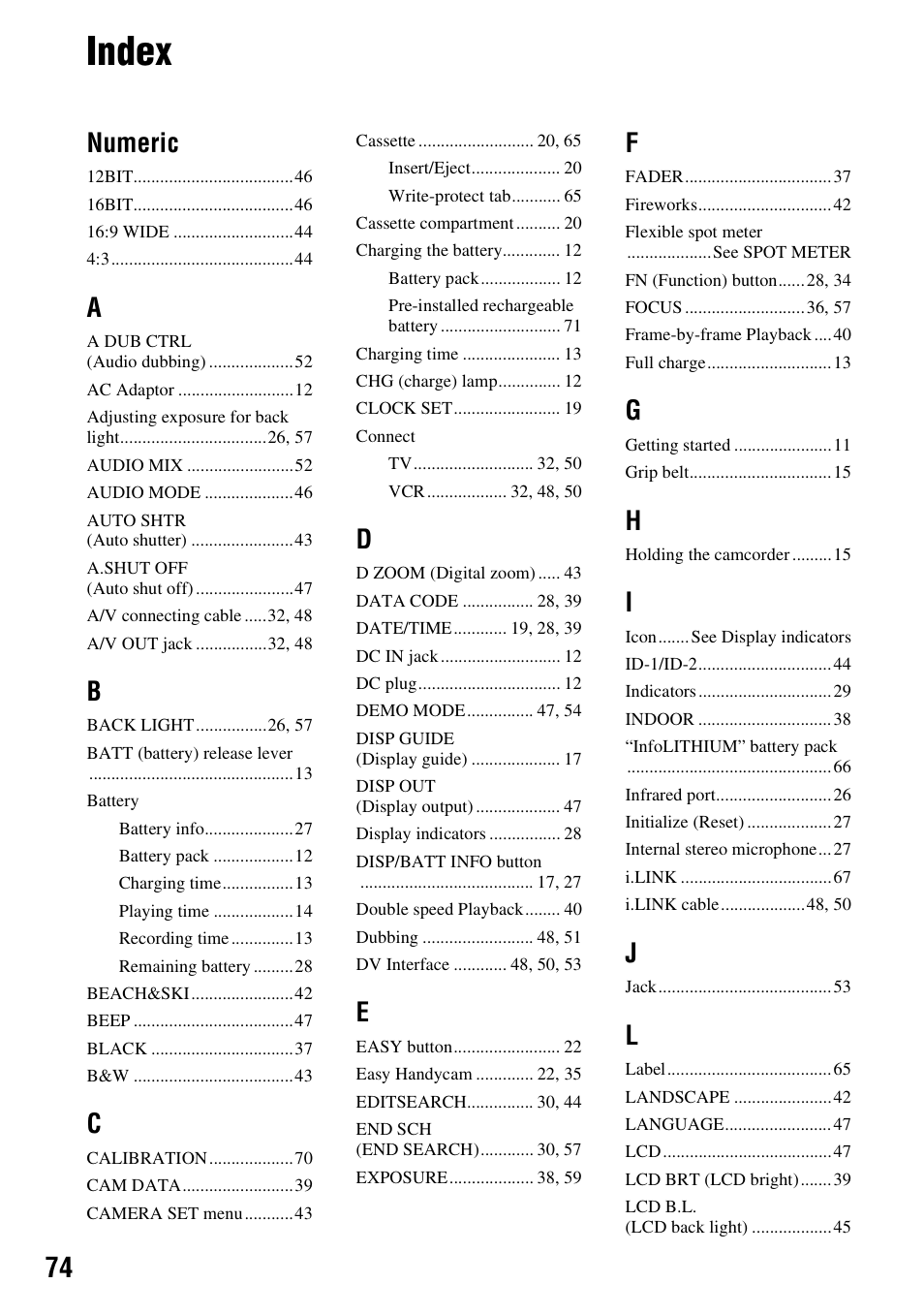Index, Numeric | Sony DCR-HC28 User Manual | Page 74 / 92