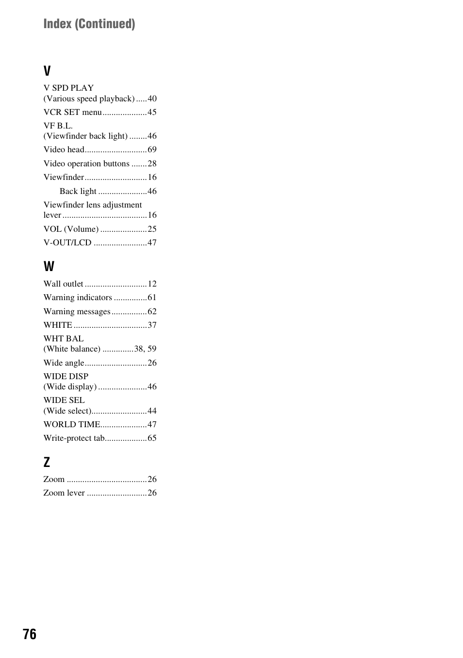 Index (continued) | Sony DCR-HC28 User Manual | Page 76 / 92