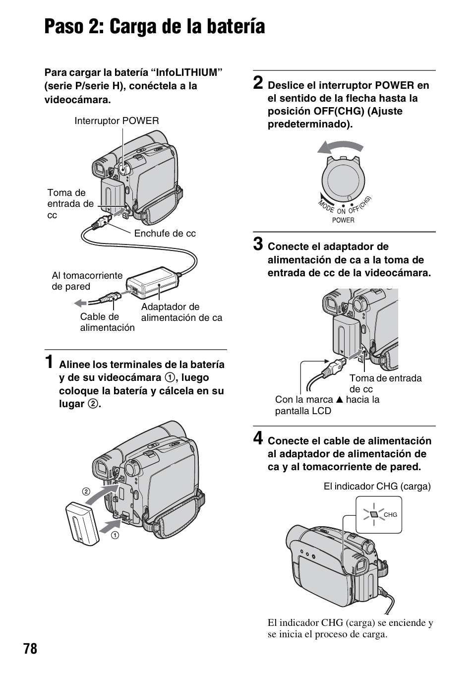 Paso 2: carga de la batería | Sony DCR-HC28 User Manual | Page 78 / 92