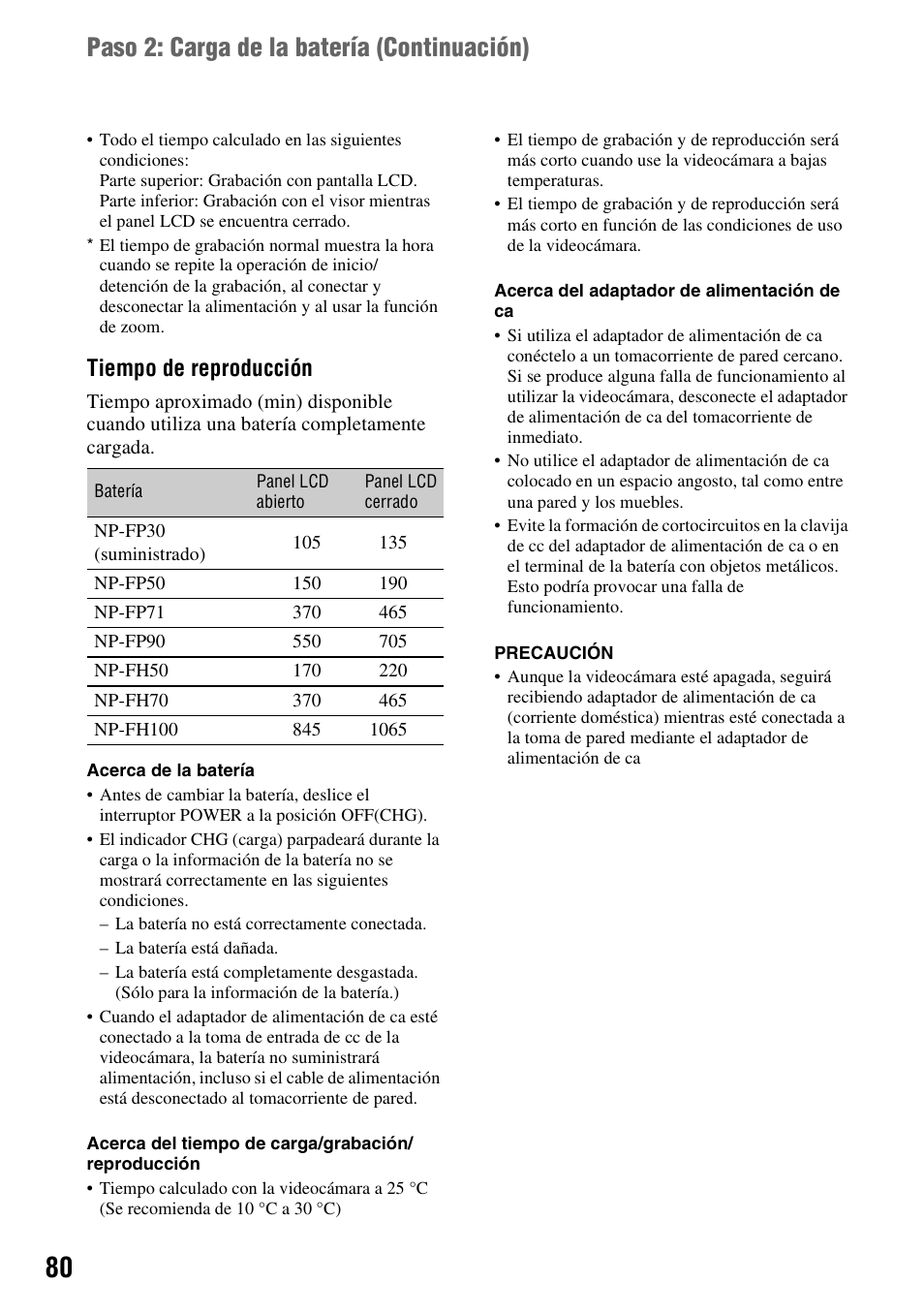 Paso 2: carga de la batería (continuación), Tiempo de reproducción | Sony DCR-HC28 User Manual | Page 80 / 92