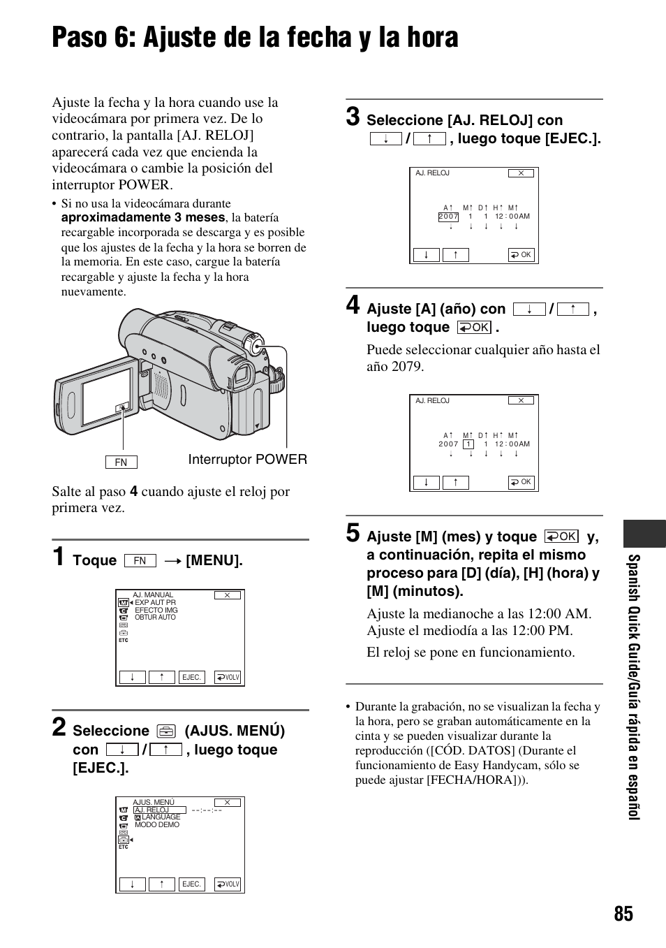 Paso 6: ajuste de la fecha y la hora | Sony DCR-HC28 User Manual | Page 85 / 92