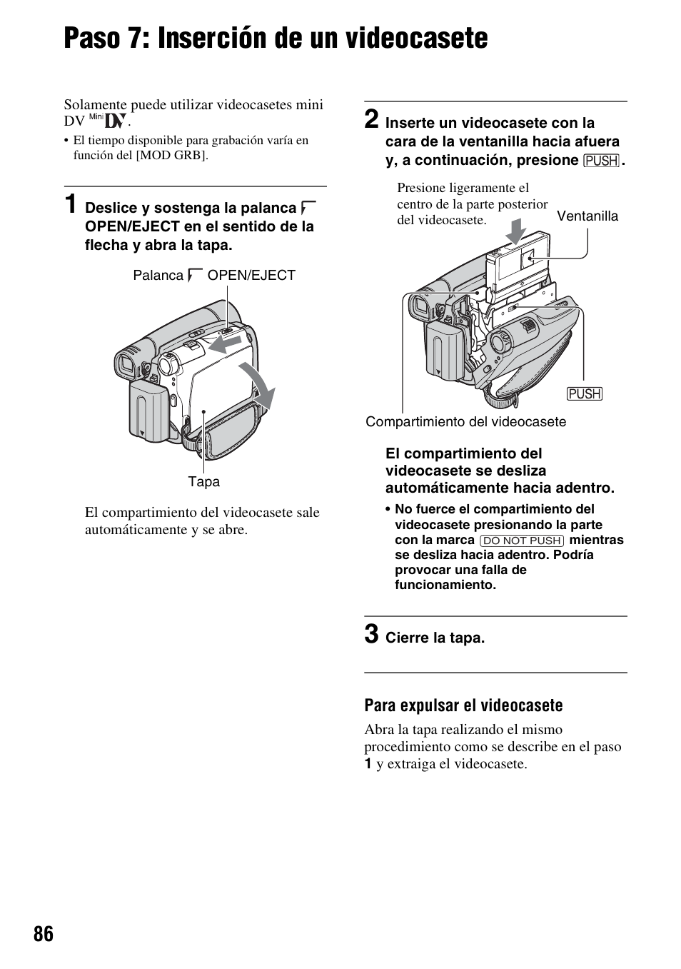 Paso 7: inserción de un videocasete | Sony DCR-HC28 User Manual | Page 86 / 92