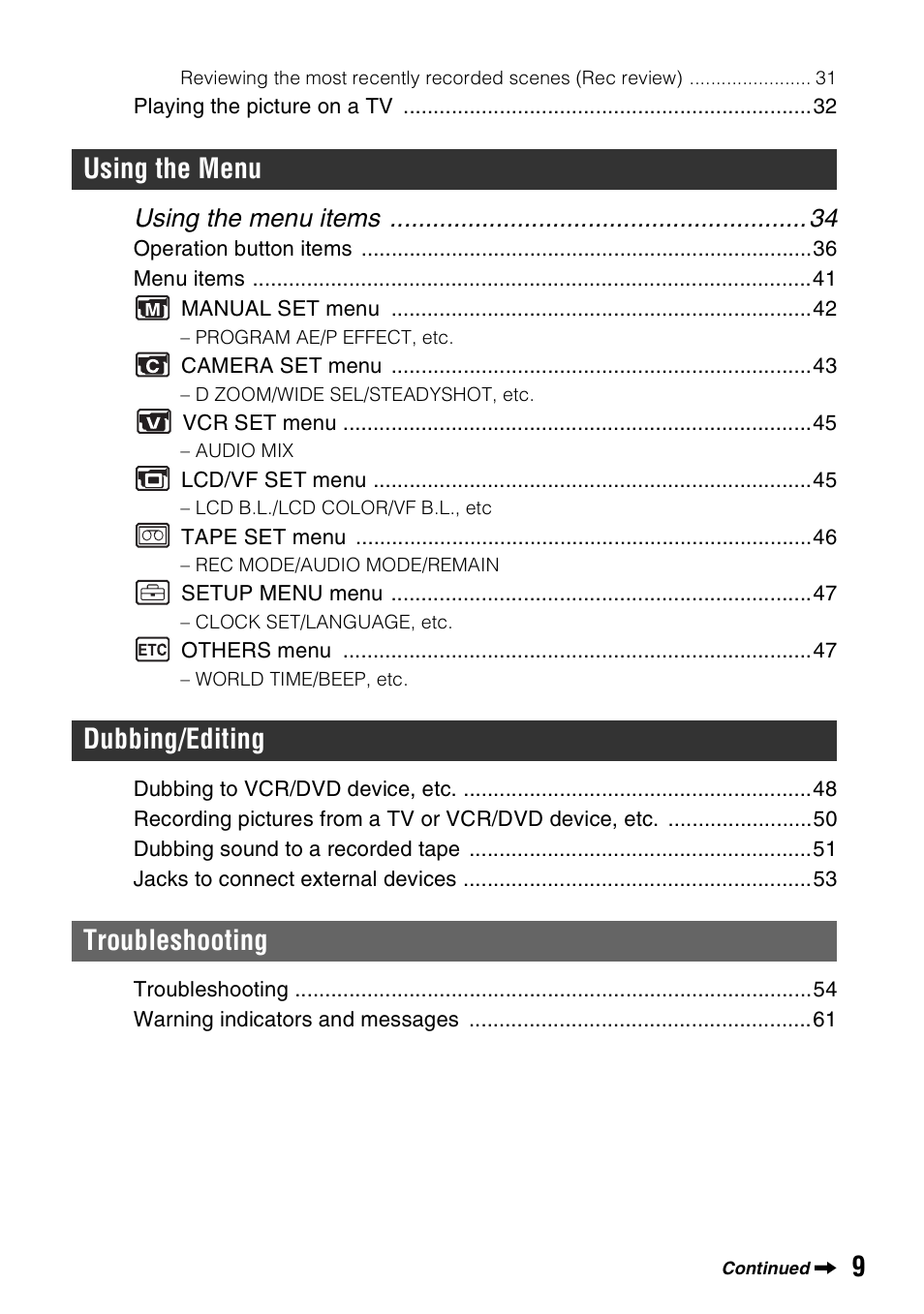 Using the menu dubbing/editing troubleshooting, Using the menu items | Sony DCR-HC28 User Manual | Page 9 / 92