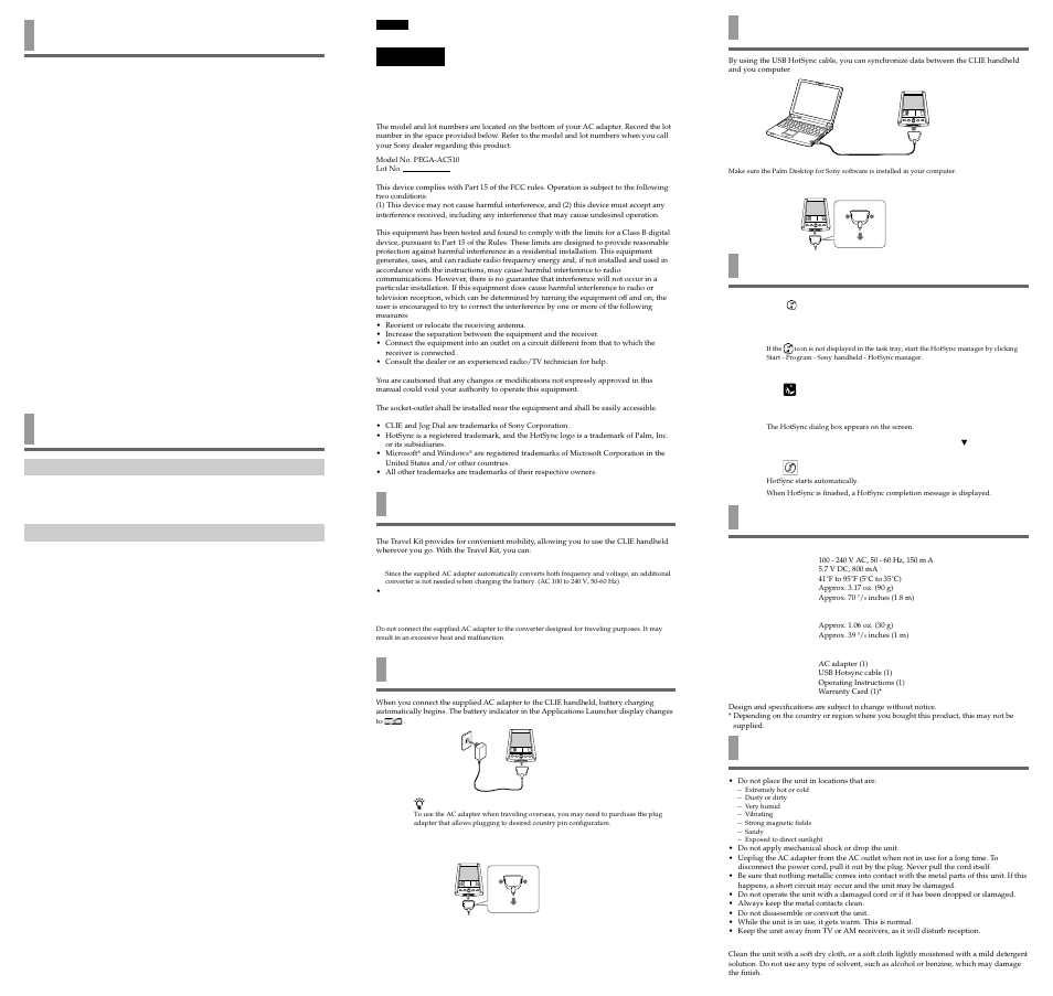 使用上のご注意, 保証書とアフターサービス, Before use | Charging directly from the power supply, Connecting the usb hotsync cable, Performing local hotsync, Specifications, Warning, アフターサービス | Sony PEGA-TK500 User Manual | Page 2 / 2