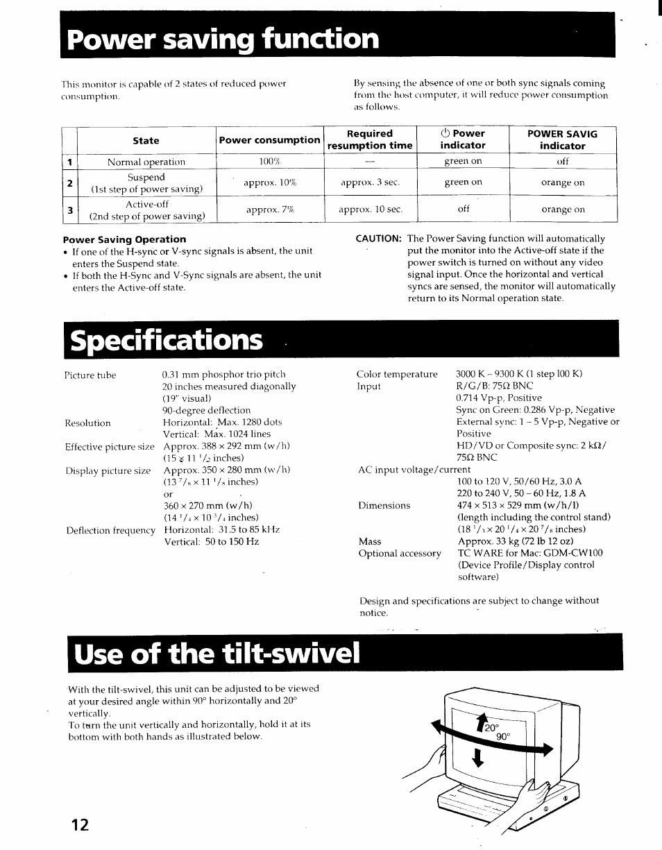 Power saving function, Specifications, Use of the tilt-swivel | Use of the tilt-swi\'el | Sony GDM-2000TC User Manual | Page 12 / 13