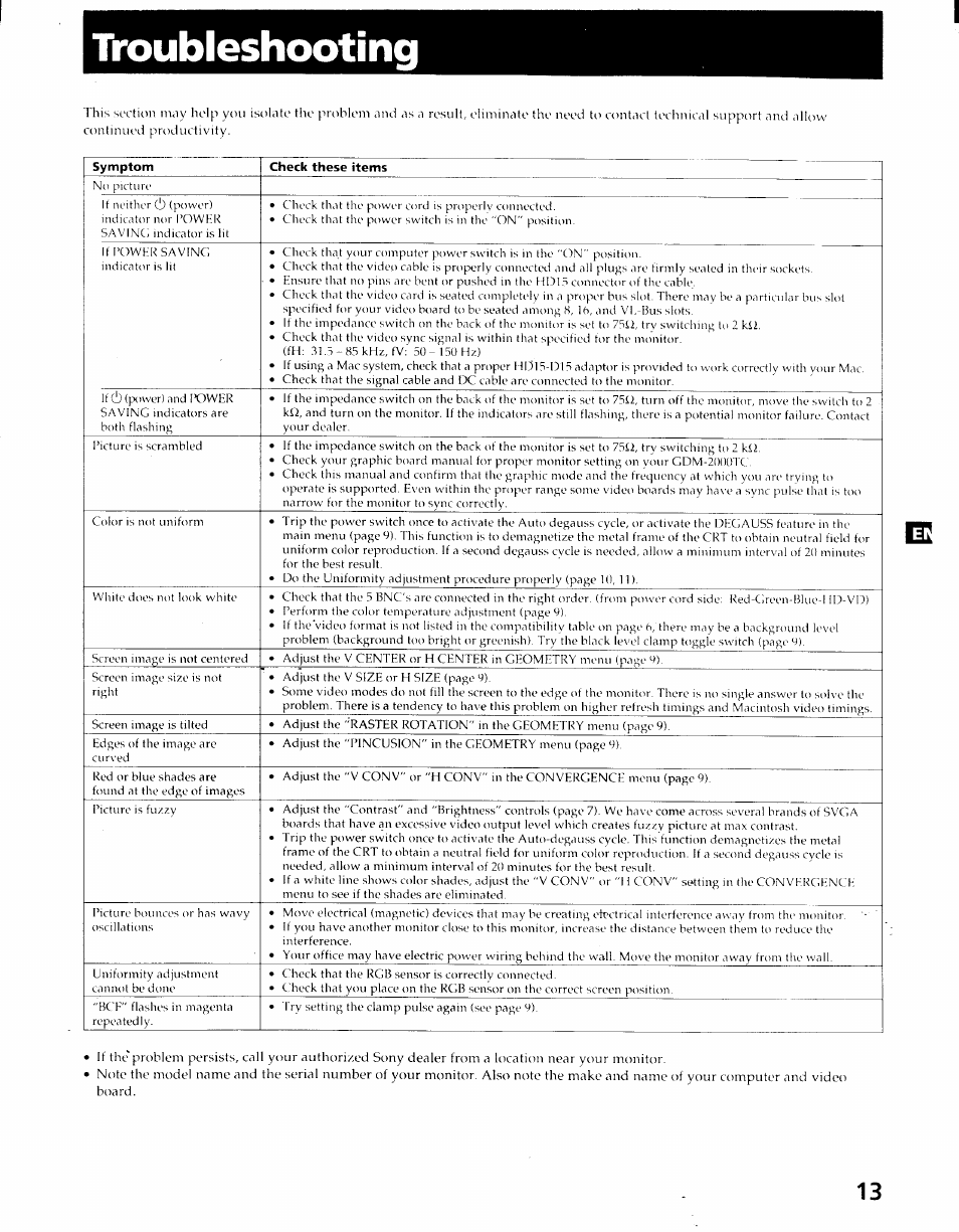 Troubleshooting | Sony GDM-2000TC User Manual | Page 13 / 13