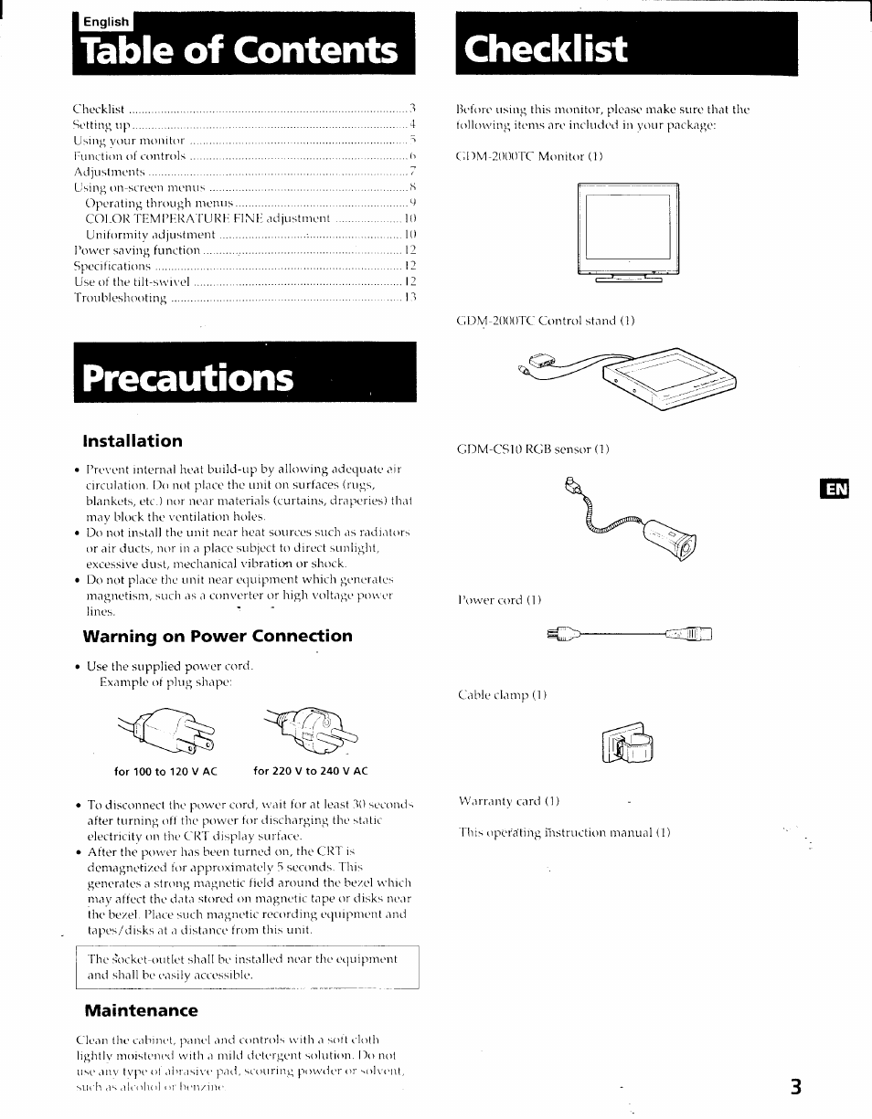 Table of contents h checklist, Precautions, Installation | Warning on power connection, Maintenance | Sony GDM-2000TC User Manual | Page 3 / 13