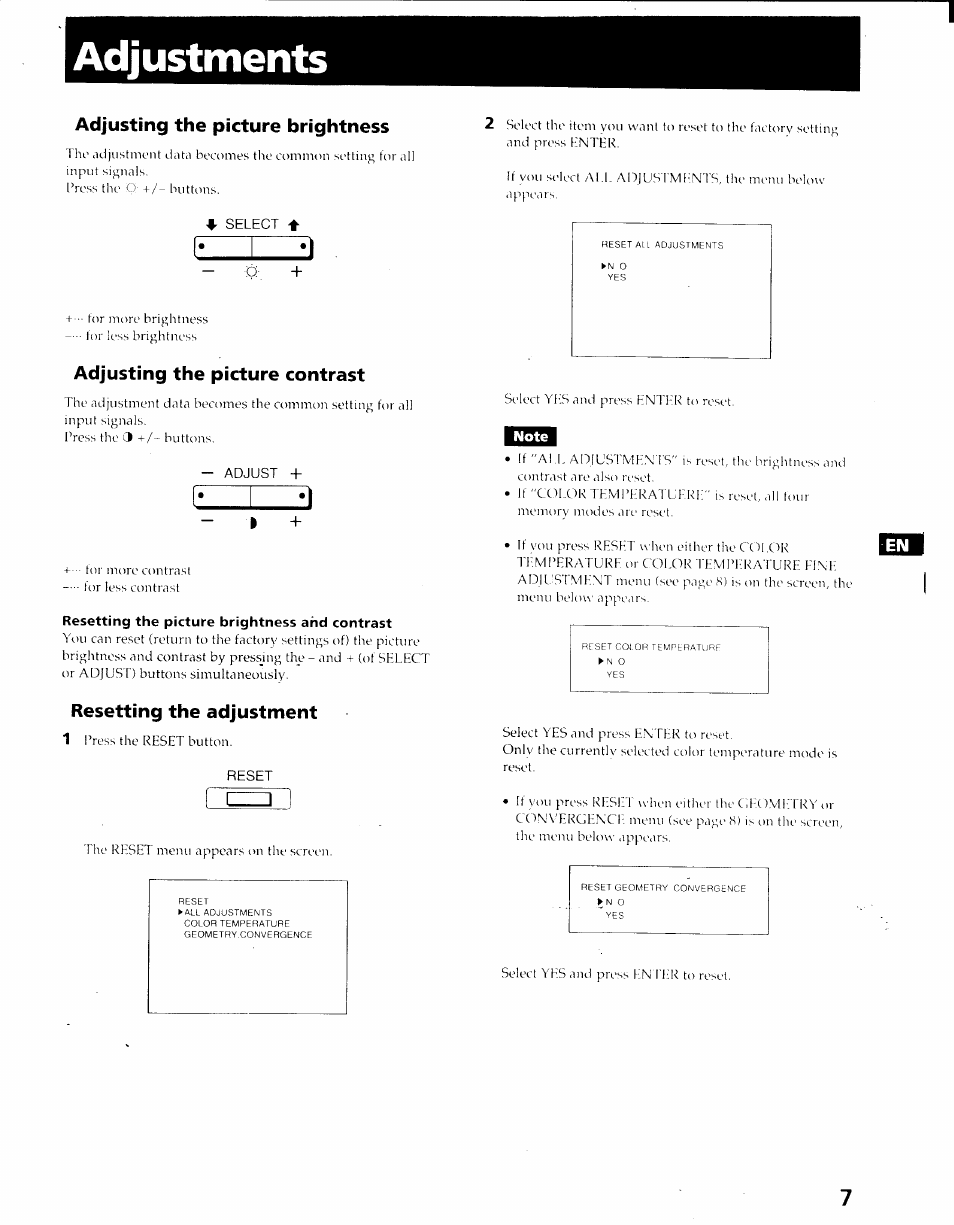 Adjustments, Adjusting the picture brightness, Adjusting the picture contrast | Resetting the adjustment | Sony GDM-2000TC User Manual | Page 7 / 13