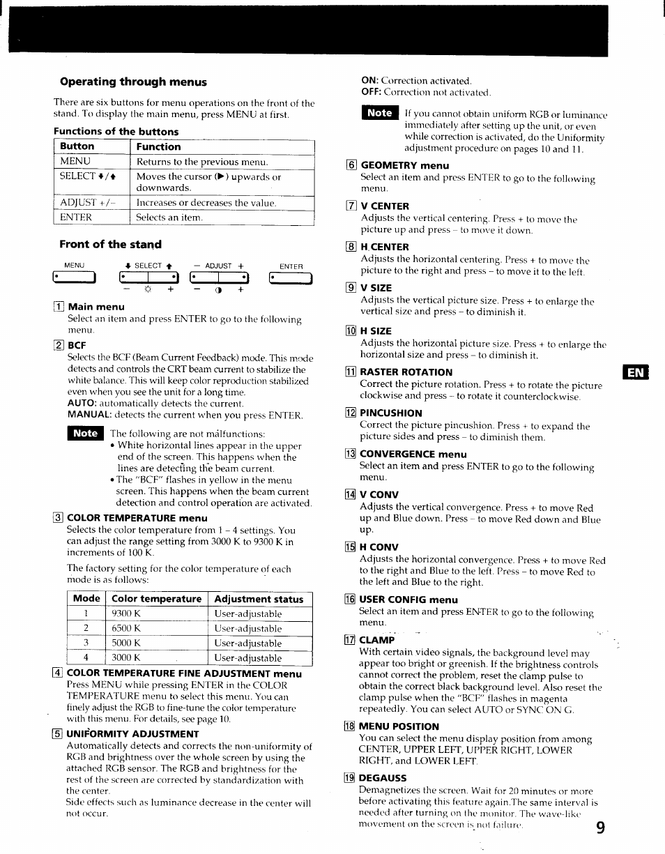 Operating through menus, Front of the stand | Sony GDM-2000TC User Manual | Page 9 / 13
