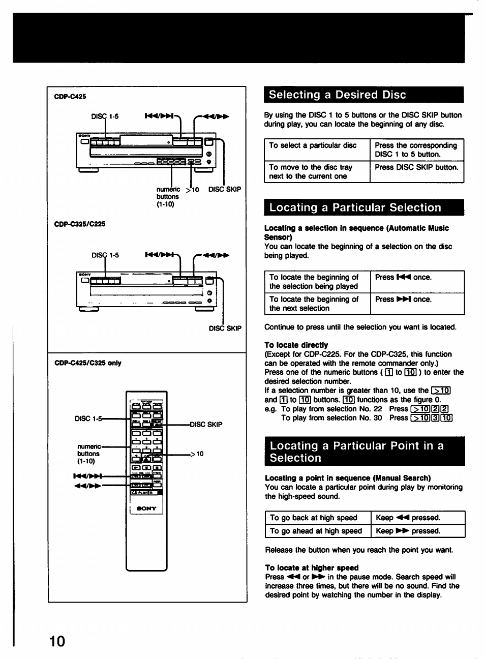 Selecting a desired disc, Locating a particular selection, Locating a particular point in a selection | Sony CDP-C225 User Manual | Page 10 / 20