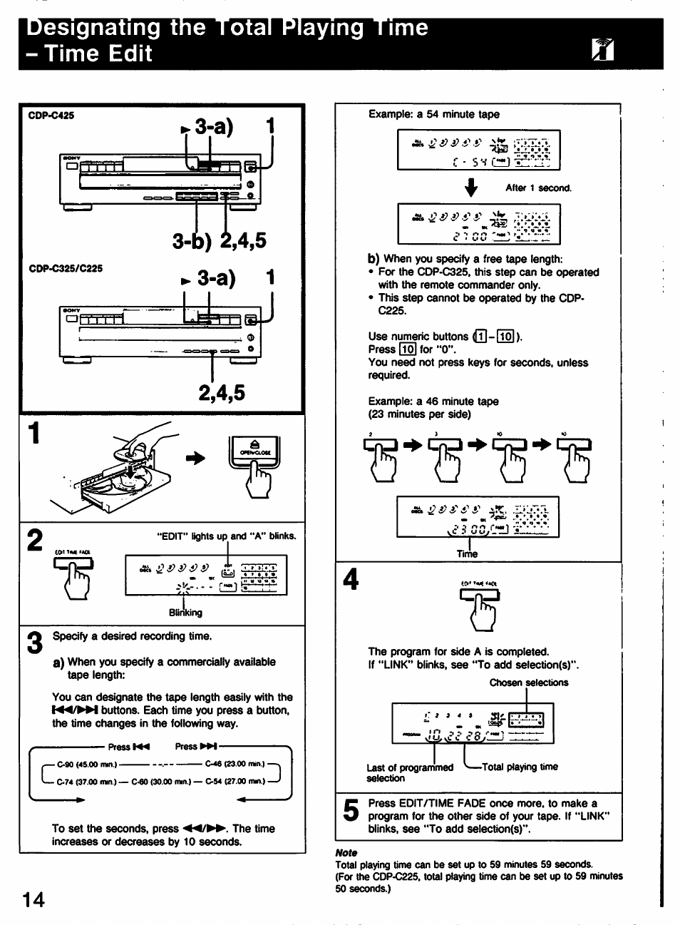 Esignatmg the total playing time -time edit, A) 1, F ■ s s | Í ’ * : áf-essi | Sony CDP-C225 User Manual | Page 14 / 20