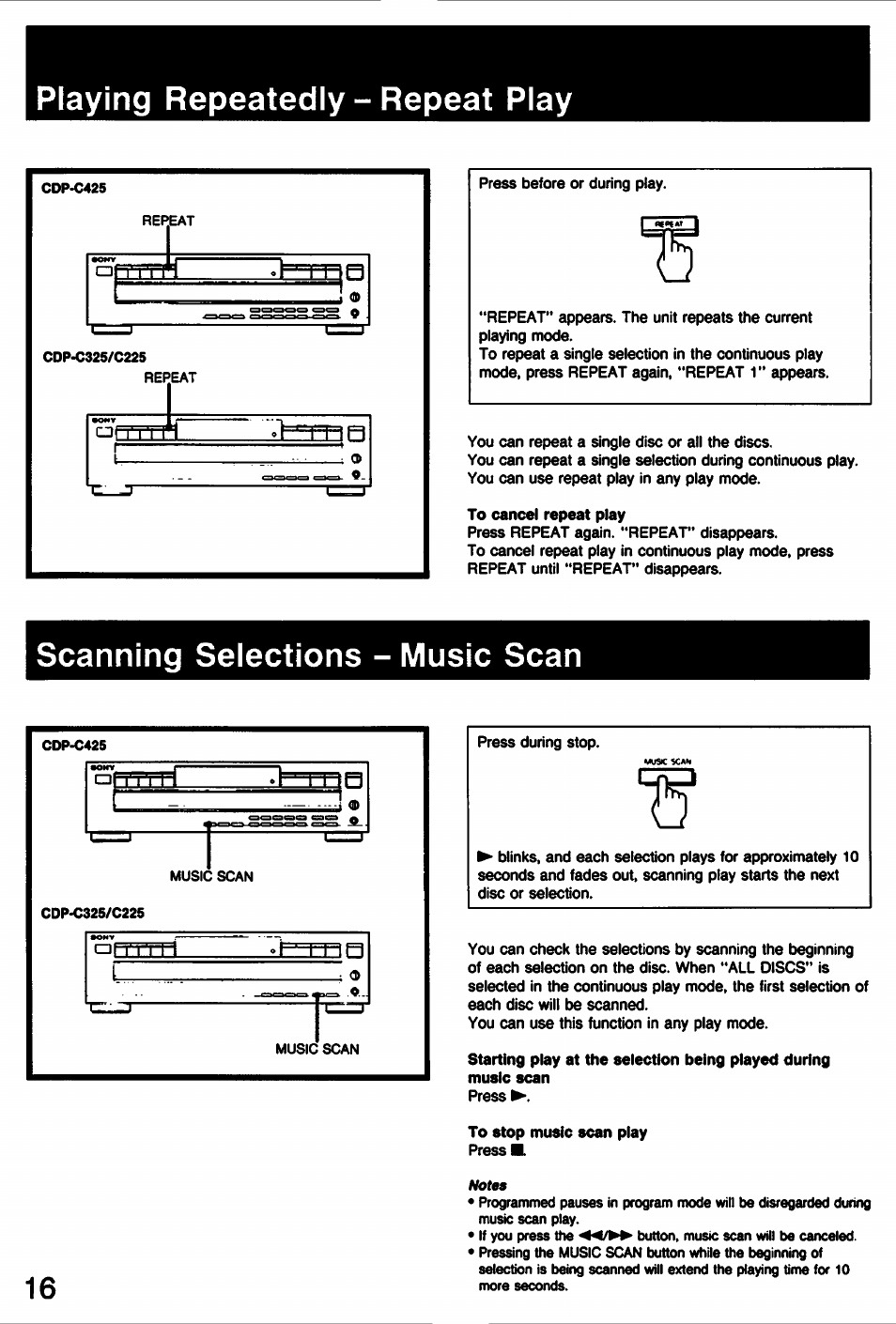 Playing repeatedly - repeat play, Scanning selections - music scan | Sony CDP-C225 User Manual | Page 16 / 20