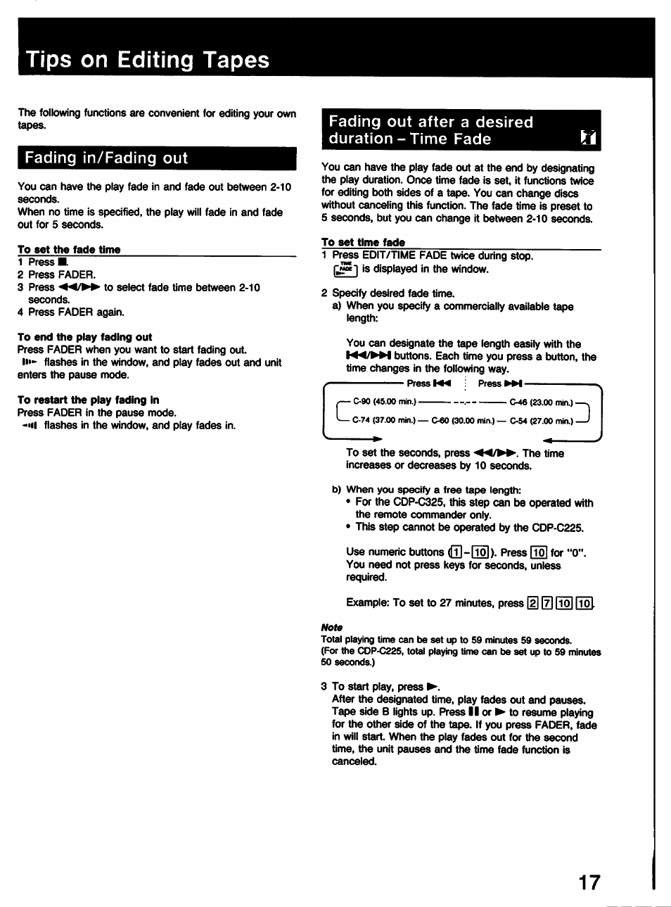 Tips on editing tapes, Fading in/fading out, Fading out after a desired duration - time fade | Sony CDP-C225 User Manual | Page 17 / 20