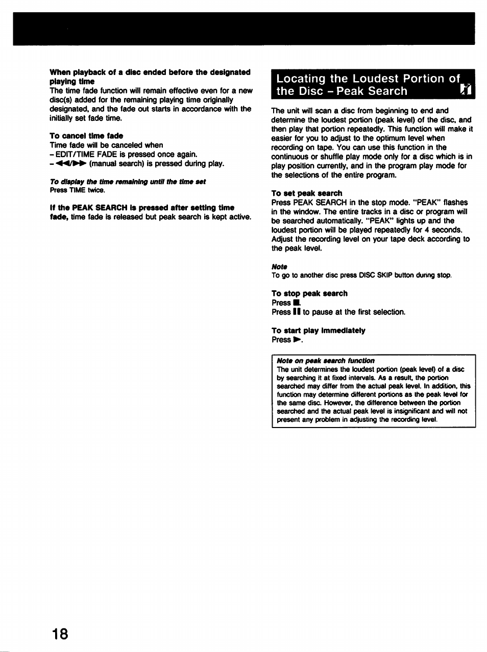 To cancel time fade, To set peak search, To stop peak search | To start play immediately | Sony CDP-C225 User Manual | Page 18 / 20