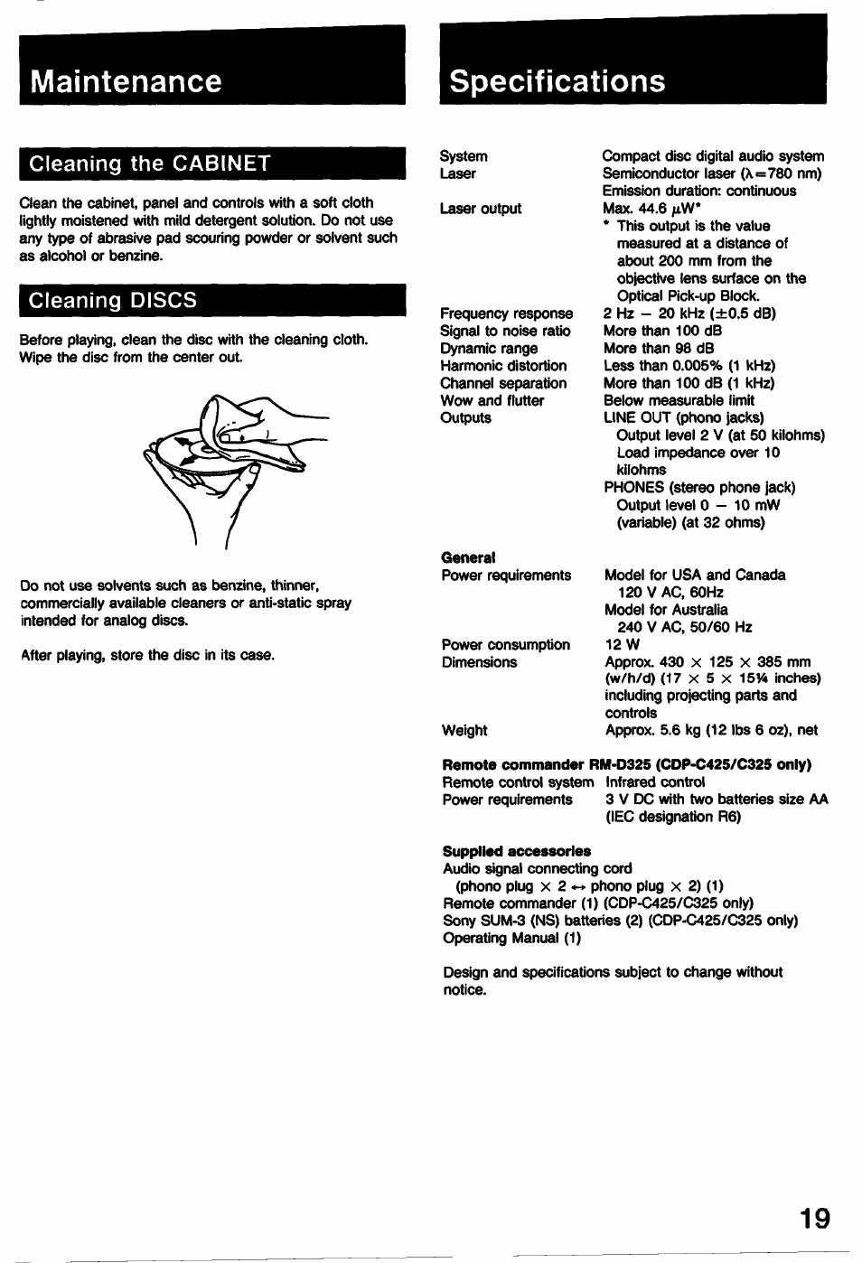 Maintenance, Specifications, Cleaning the cabinet | Cleaning discs, General, Remote commander rm-d325 (cdp-c425/c325 only), Supplied accessories, Cleaning the cabinet cleaning discs, Maintenance specifications | Sony CDP-C225 User Manual | Page 19 / 20