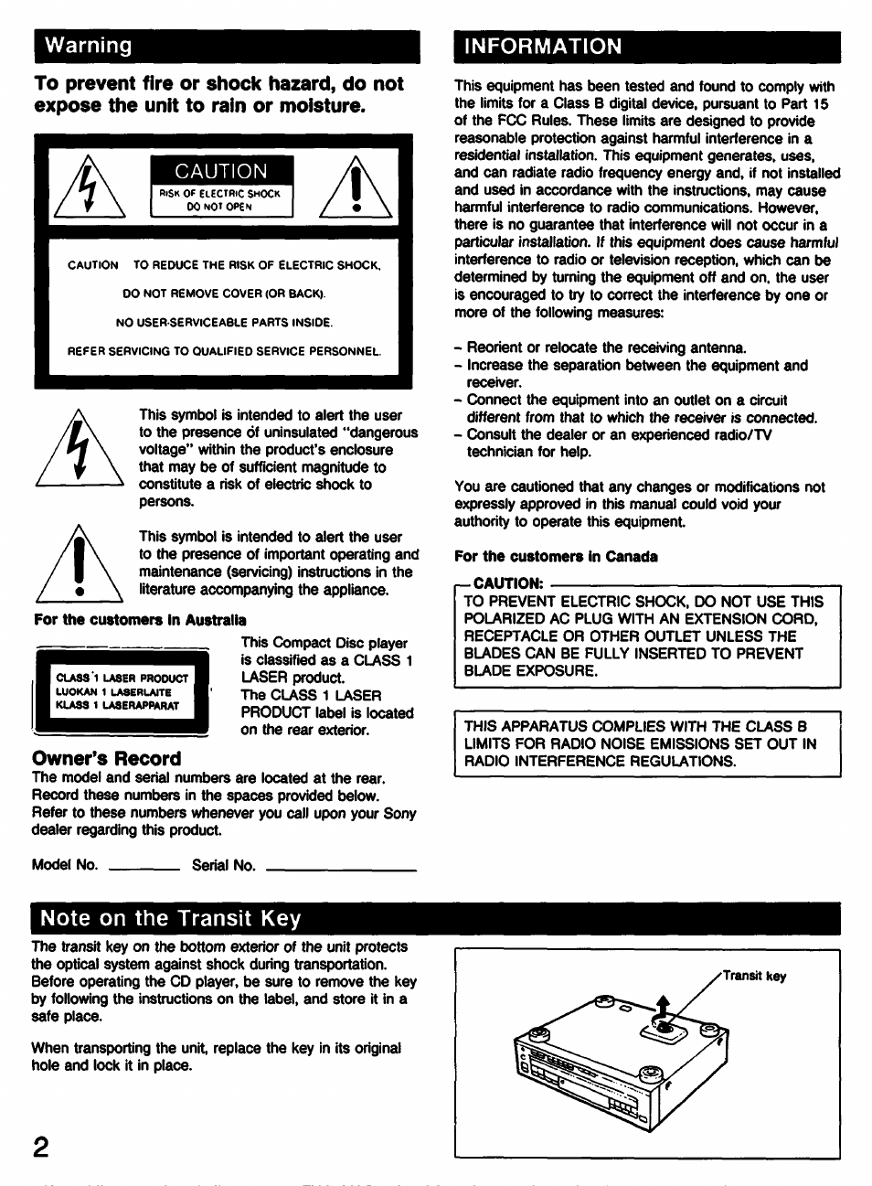 Warning information, Caution, Owner’s record | Sony CDP-C225 User Manual | Page 2 / 20