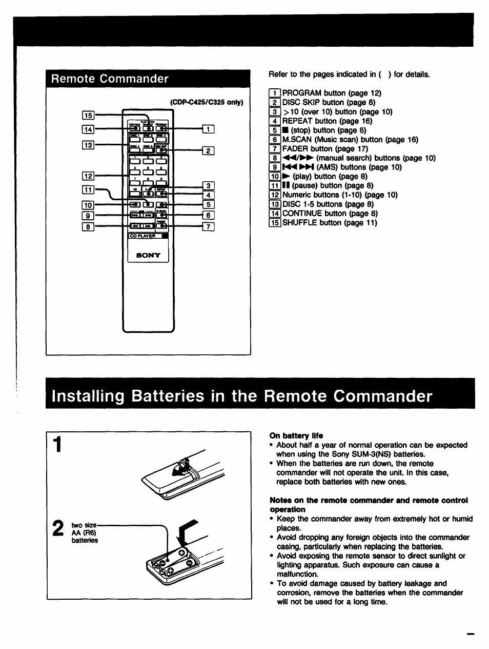 Installing batteries in the remote commander, Remote commander | Sony CDP-C225 User Manual | Page 7 / 20