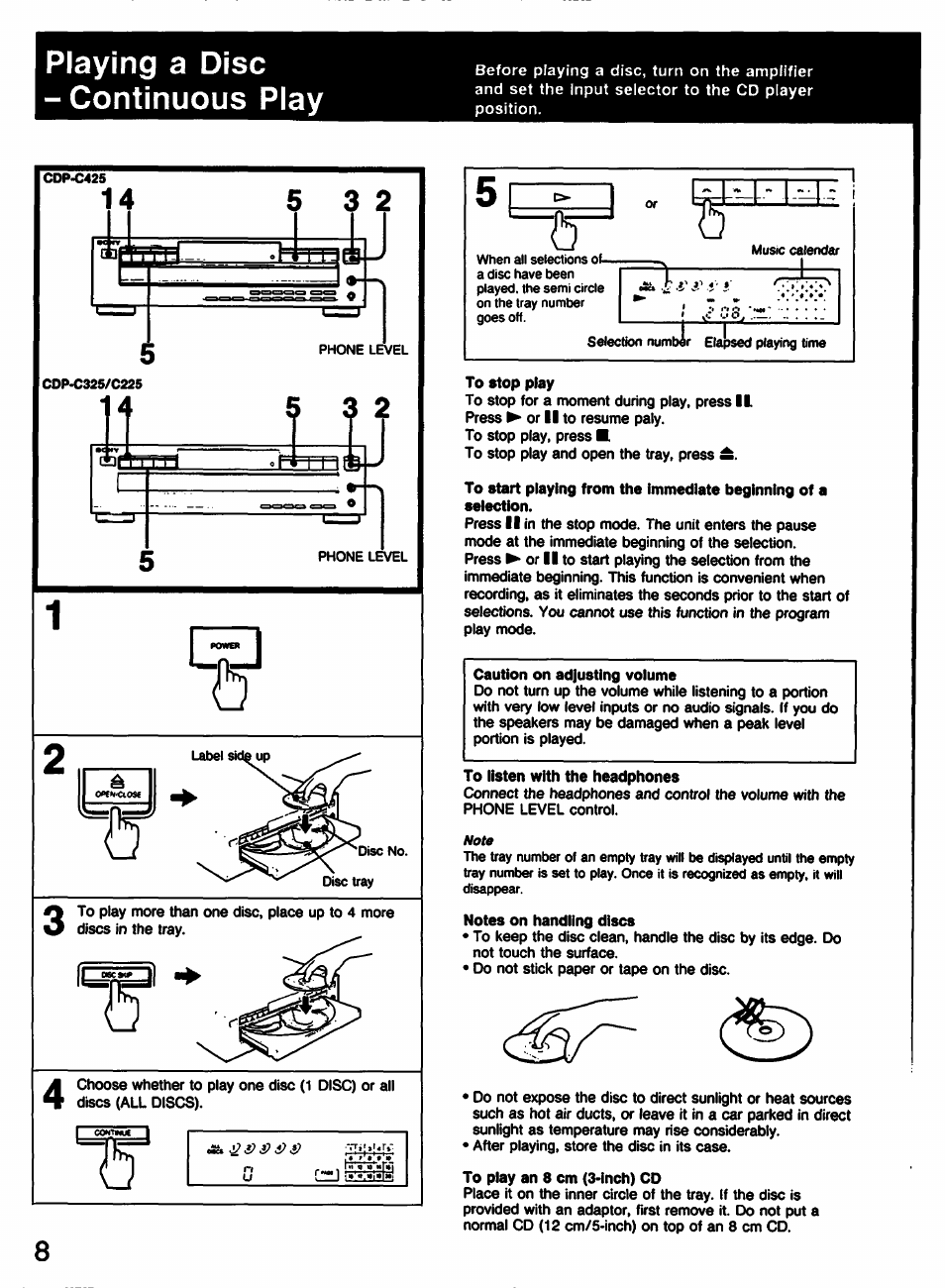 Playing a disc - continuous play | Sony CDP-C225 User Manual | Page 8 / 20