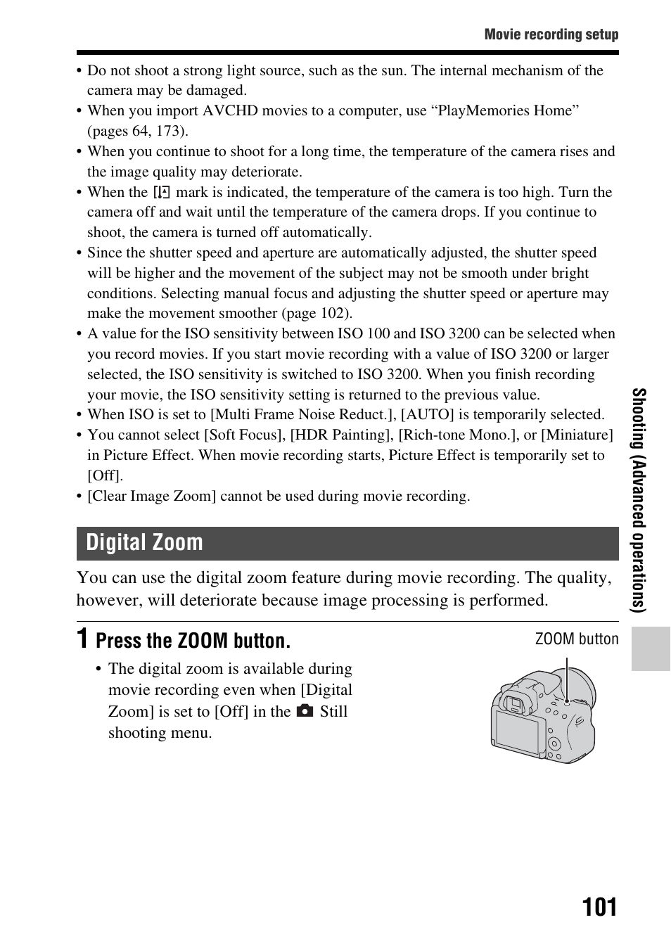 Digital zoom, Press the zoom button | Sony SLT-A37 User Manual | Page 101 / 209